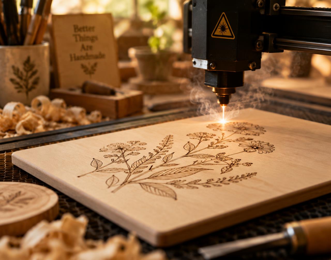 Laser engraving machine carefully working on natural wood
